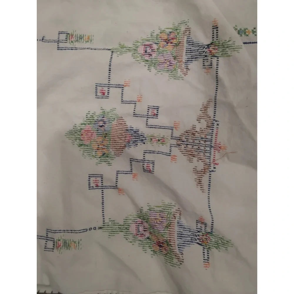 Vintage Hand Embroidered Floral Basket Table Runner Set Cross Stitch‎ White 2pc
